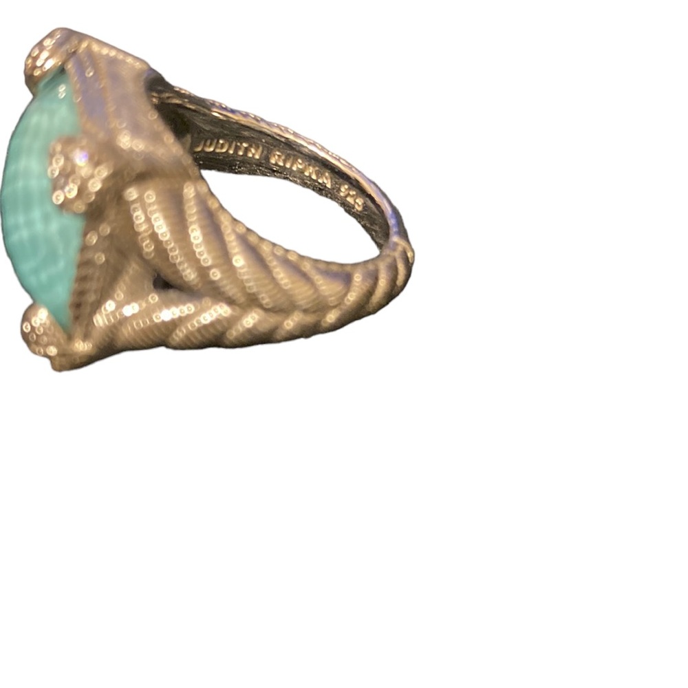 Judith Ripka faceted blue topaz solid sterling ring w/pave CZ heart prongs.
